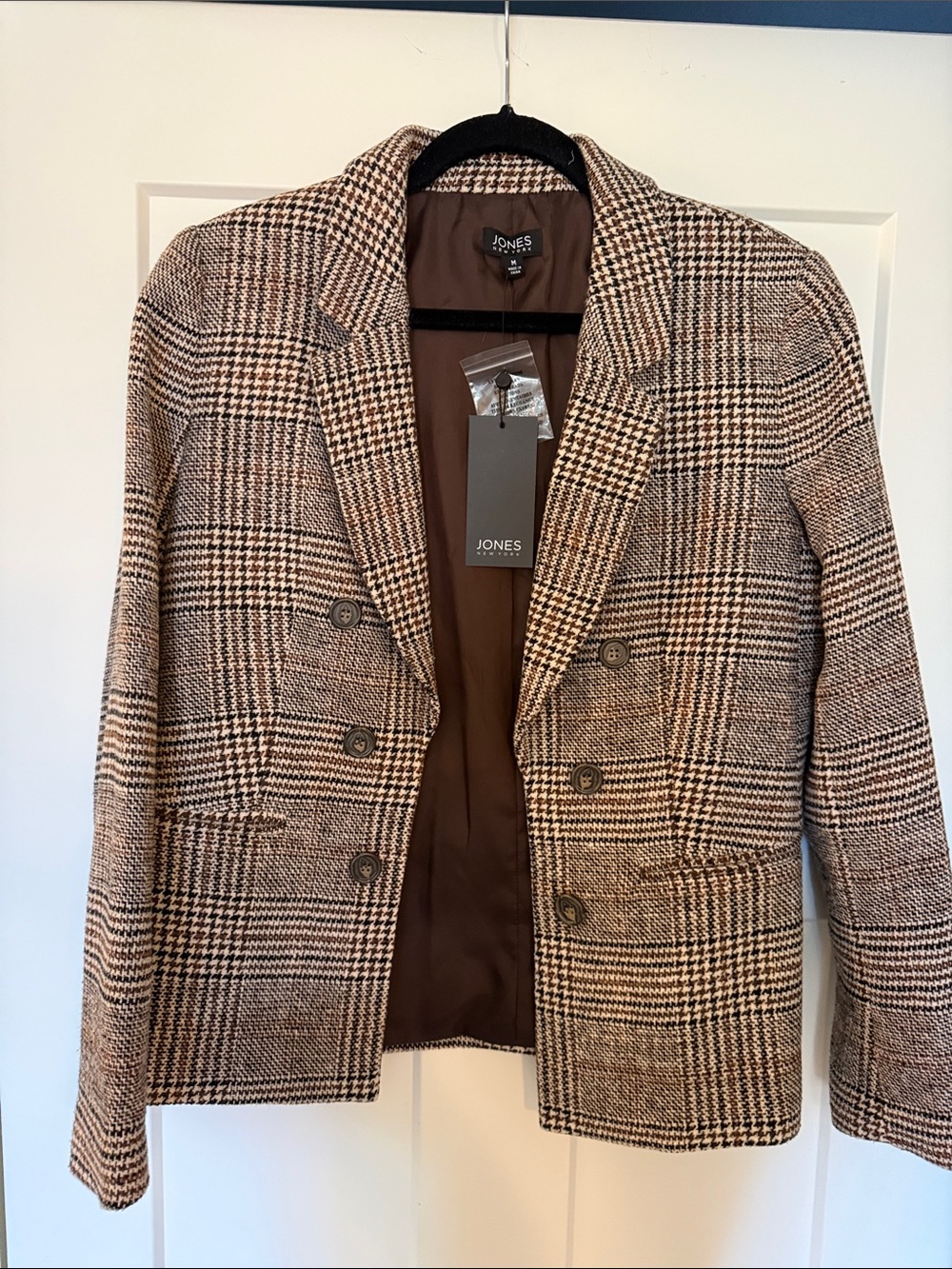 Jones New York Brown & Cream Plaid Double-Breasted Blazer
